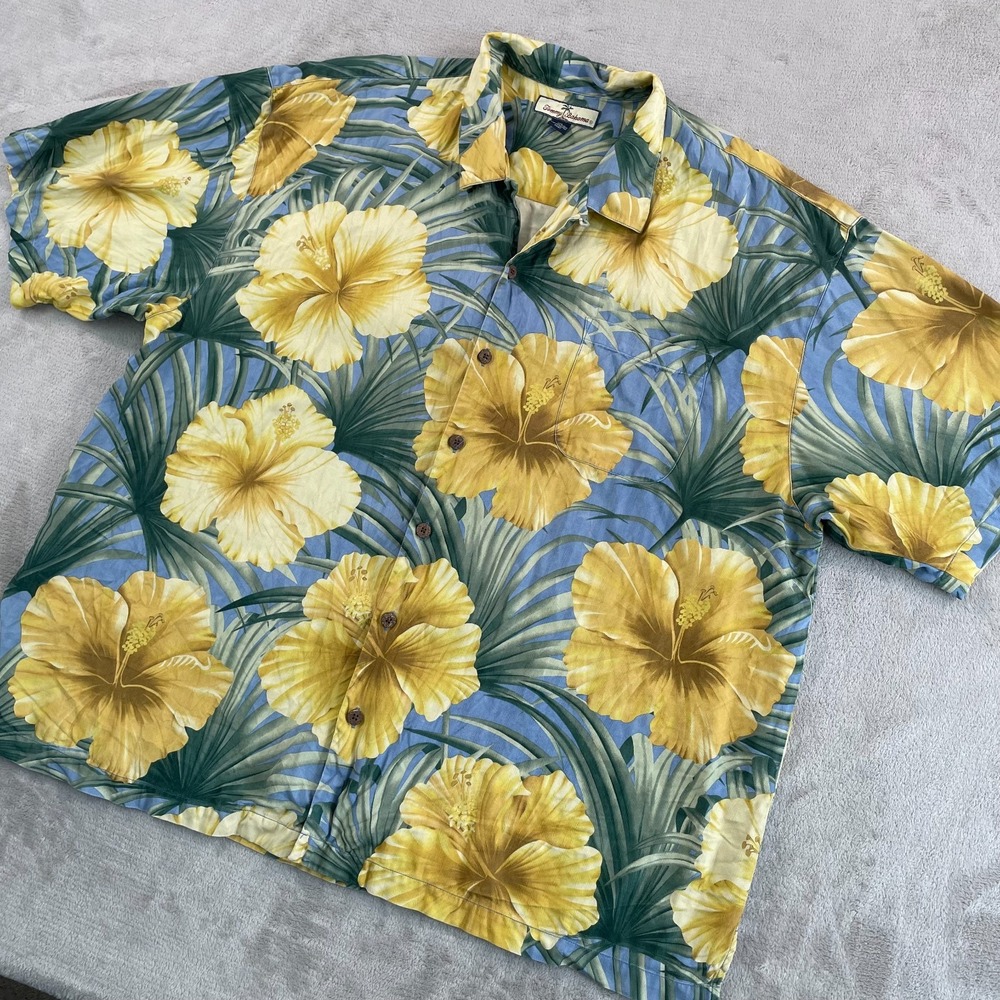 Vintage Tommy Bahama Hawaiian Shirt Men 2XL Multi Palms Floral Silk Loop Collar‎
